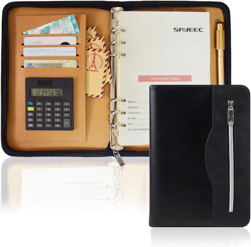 SAYEEC A5 Multifunctional Zippered Notebook, Portable Travel Portfolio, Inner Pocket Business 6-Ring Binder Meeting