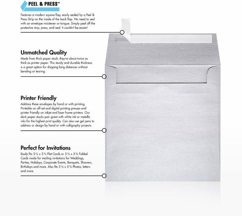 LUXPaper Square Invitation Envelopes, Peel & Press, 6" x 6", Silver Metallic, 80lb Text, 50 Qty