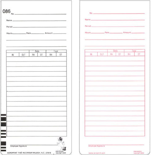 Acroprint Time cards for ES1000 Totalizing Payroll Recorder - 100 per pack