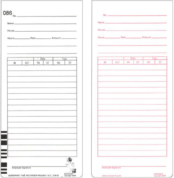 Acroprint Time cards for ES1000 Totalizing Payroll Recorder - 100 per pack