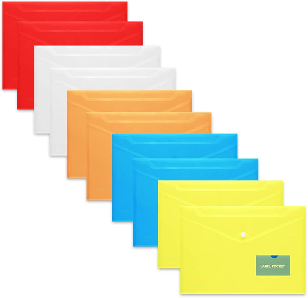 Letter A4 Size Plastic Envelopes, 10 PCs with Label Pocket and Snap Closure, Assorted Colors for Office Organization