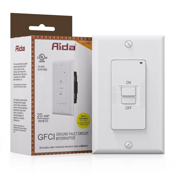AIDA Self-Test 20 Amp Blank Face GFCI Indoor Receptacle with LED Indicator, UL Listed, White