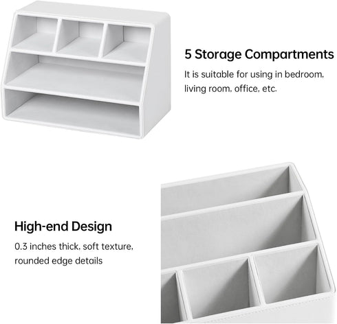 PU Leather Desk Organizer - Luxury Remote Control Holder for Home, Office Desk Accessories, Nightstand Organizer (White)
