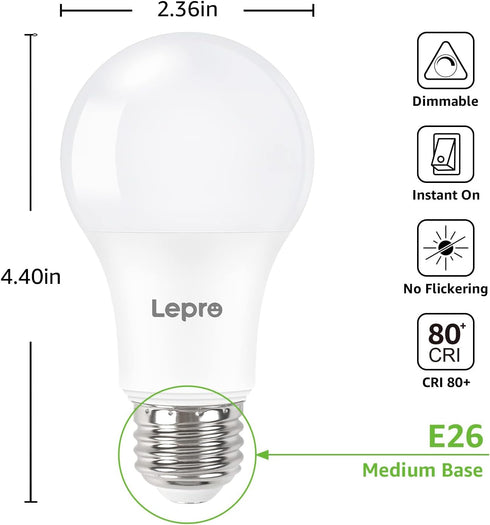 Lepro 6 Pack Dimmable LED Light Bulbs 60 Watt Equivalent, 9.5W 800LM Daylight White 5000K, A19 E26 Standard Base