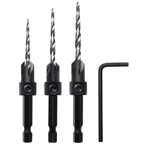 Countersink Drill Bit Set, 3Pcs M2 HSS Tapered Drill Bits with 1/4" Hex Shank and Allen Wrench