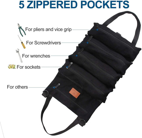 Roll Up Tool Bag, 16OZ Canvas Wrench Pouch, Multi-Purpose Tool Roll with 5 Zippered Pockets, Black