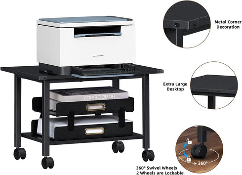 Lerliuo 2-Tier Under Desk Printer Stand, Industrial Mobile Printer Table with Storage Shelf and Steel Frame, Rolling