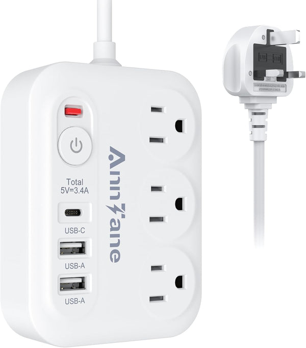 UK Travel Plug Adapter with USB C, 4FT Extension Cord, US to UK Type G Travel Adapter with 3 Outlets