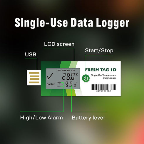 Freshliance Temperature Data Logger LCD Single Use with PDF Report, 180 Days, 1 Pack