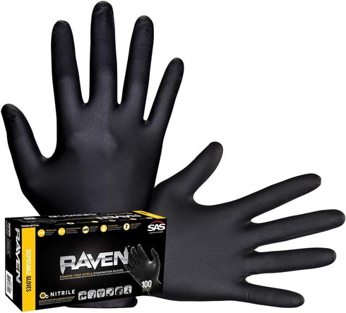 SAS Safety 66518 Raven Powder-Free Disposable Black Nitrile 6 Mil Gloves, Large, 100 Gloves by Weight (Pack of 1)