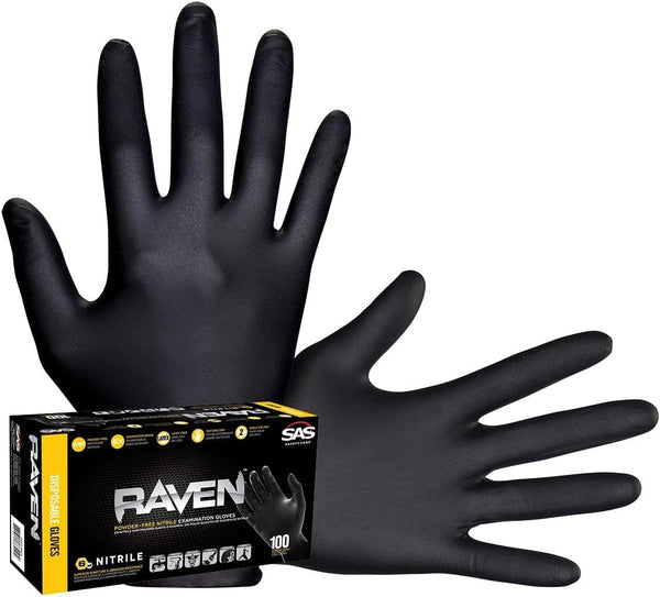 SAS Safety 66518 Raven Powder-Free Disposable Black Nitrile 6 Mil Gloves, Large, 100 Gloves by Weight (Pack of 1)