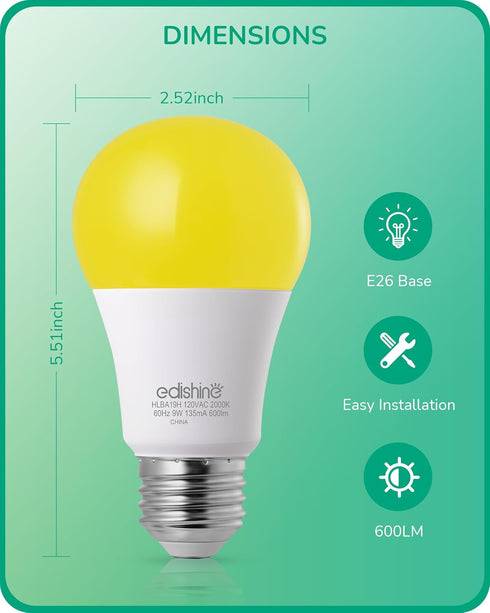 EDISHINE Dusk to Dawn Bug Light Bulbs Outdoor, 2000K Amber Glow, Automatic On/Off, 600LM, 9W (60W Equivalent), E26