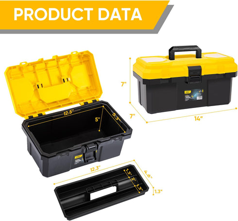 14 Inch 2-Layer 16lb Tool Box with Lock, Heavy-Duty Organizer with Removable Tray, Liftable Lid for Small Parts