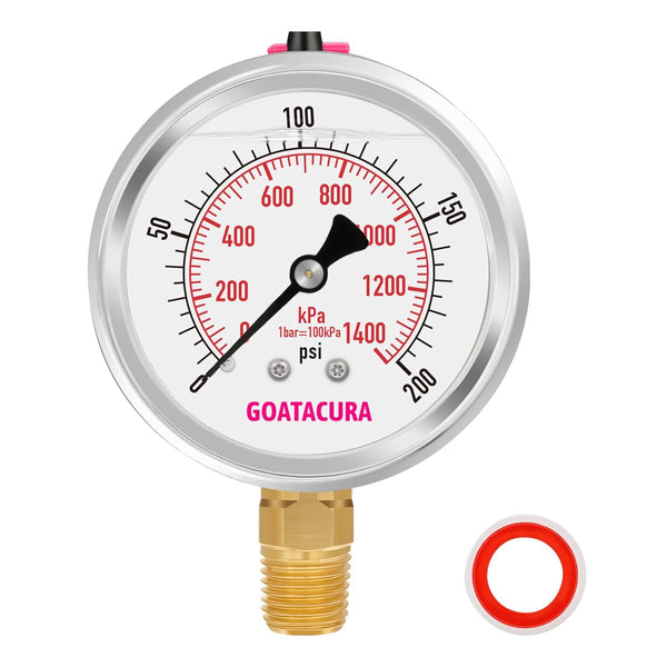 0 to 200psi Glycerin Filled Pressure Gauge: 2.5" Dial Size, Stainless Steel Case, 1/4" NPT Lower Mount