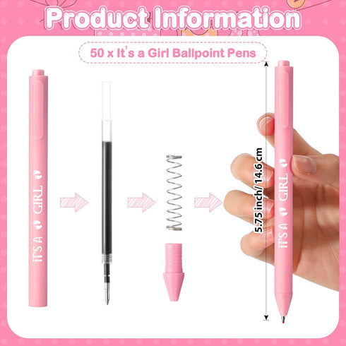 TaoBary 50 Sets Baby Shower Pens Its a Girl Pens Cute Pink Retractable Ballpoint Pens with Baby Shower Cards and Organza Bags Gifts for Guests Friends Baby Shower Gender Reveal Party Favors