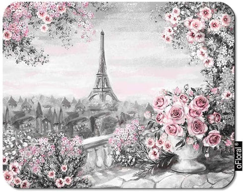 oFloral Eiffel Tower Gaming Mouse Pad, Paris Gentle City Gray Oil Paint with Pink Rose Flowers, 7.9X9.5 Inch