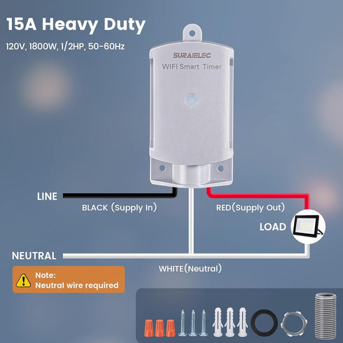 15 120V SURAIELEC AMP WiFi Smart Timer Switch for Outdoor Electrical Boxes, WiFi Pool Timer, for Waterproof Outlet
