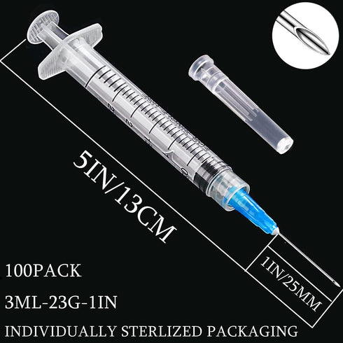 100 Pack 3ml/cc Plastic Luer Lock Syringes with 23Ga and Cap, Individually Sealed for Scientific Labs and Measuring