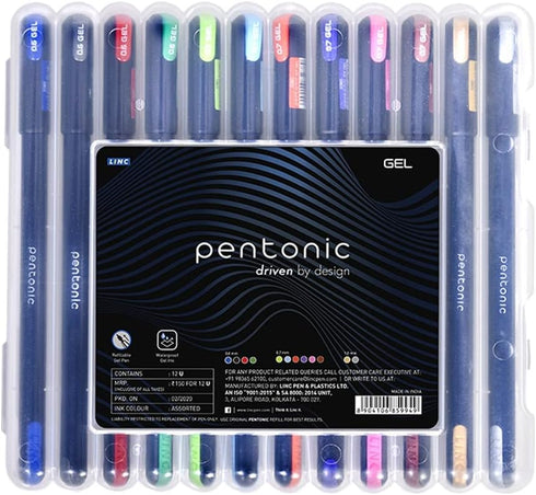 Pentonic Gel Pen with Hard Box Case, Waterproof Gel Ink, Comfortable Grip, Multicolor Ink, Pack of 10 Pens