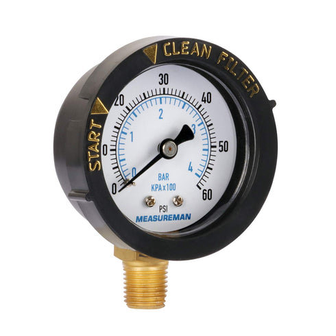 Measureman 2” Pool Filter Pressure Gauge, 60 PSI, 1/4” NPT Bottom Mount for Swimming Pool and Spa