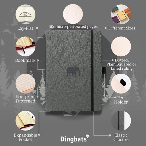 Dingbats - Wildlife Solid Medium Notebook, Grey Elephant, A5, Hardcover Notebook, PU Leather, Perforated Cream 100gsm