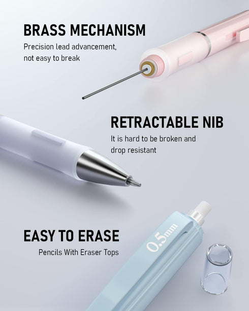 Nicpro 3PCS Pastel Mechanical Pencil Set, 0.5mm with 6 Tubes HB Lead, 3 Erasers, 9 Refills & Case, Aesthetic Supplies