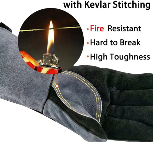 14 Inches Leather Forge Welding Gloves, Heat/Fire Resistant Mitts for BBQ, Oven, Grill, Fireplace, Black-gray