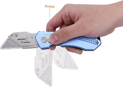 Amazon Basics Folding Utility Knife - Lightweight Aluminum Body with Holster, Light Blue