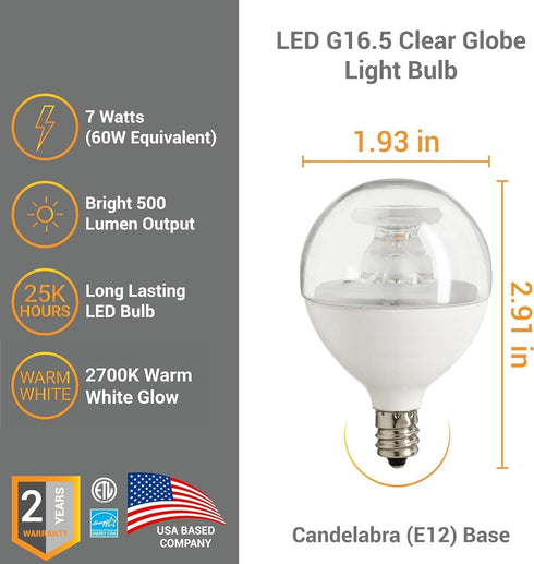 G16.5 Bulb Dimmable 7W (60W 500 E12 2700K Pack 3 Diodesy- LED Light Type G Clear Globe Shape Equivalent) Lumens
