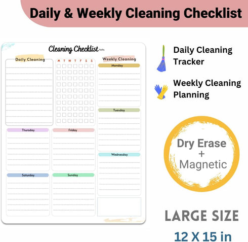 Cleaning Checklist Dry Erase Magnetic Whiteboard for Refrigerator, Daily, Weekly, Monthly Chores Planner for Adults