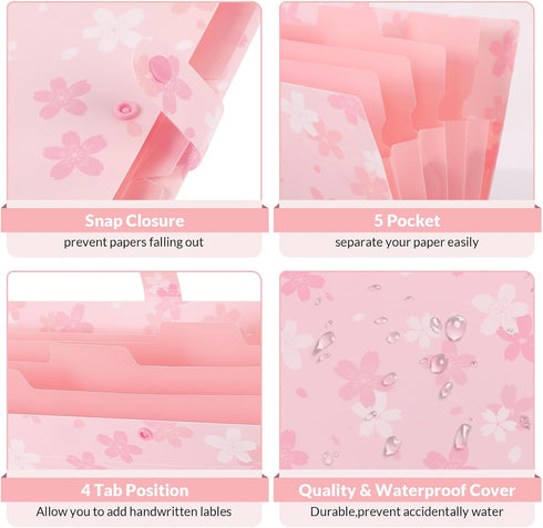 SKYDUE Expanding File Folder - 5 Pocket Accordion File Organizer for School Office Supplies, Pink