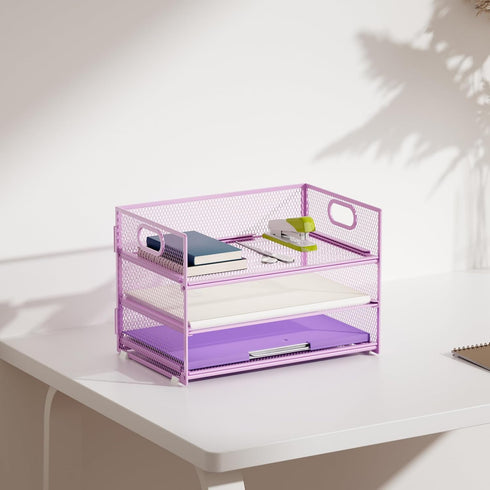 Marbrasse 3 Tier Paper Organizer, Mesh File Organizer with Handle for Home Office Supplies (Purple)