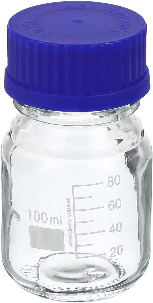 PATIKIL 100mL Reagent Media Bottle, 1Pcs Round Graduated Glass Storage Bottle with Blue Screw Cap for Chemistry Lab,