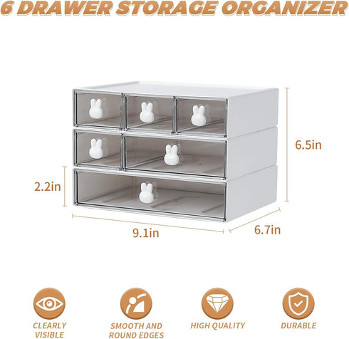Plastic Desk Organizer with 6 Drawers, 3 Tier Stackable Desktop Organizer Drawers Storage for Office (H 6.5in)
