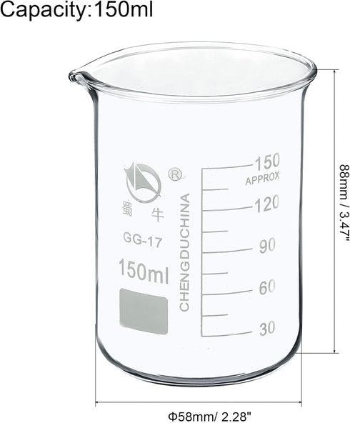 PATIKIL 150ml Low Form Glass Beaker, 3.3 Borosilicate Glass Graduated Printed Scale Measuring Cups with Spout for Kitchen Lab Liquids Transit Boiling by PATIKIL