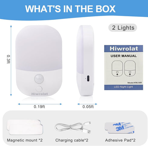 Hiwrolat Dimmable 2 Pack Motion Sensor Night Light, LED Warm White Type-C Rechargeable Battery, for Hallway, Bathroom