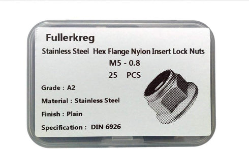 FullerKreg Pack of 25 M5 x 0.8 DIN 6926 Hex Flange Nylon Insert Lock Nuts, 18-8 Stainless Steel