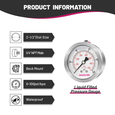 0-100psi/kpa Glycerin Filled Pressure Gauge, 2-1/2" Dial Size, Stainless Steel Case, with Vent Valve, 1/4" NPT Center Back Mount, 2-1-2% Accuracy, for Measuring Gas Liquid Pressure