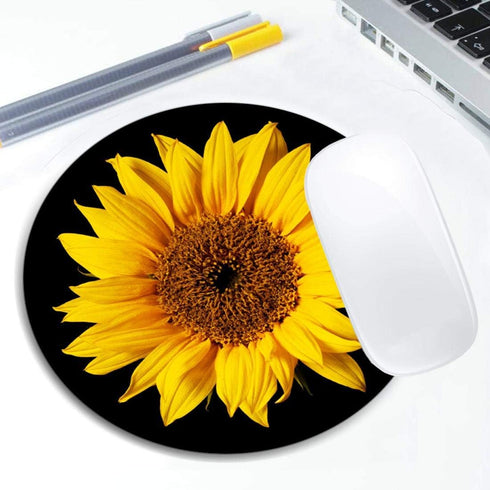Sunflower On Black Mouse Pad, Round Non-Slip Rubber Mousepad for Laptop Office Computer Decor, Cute Desk Accessories