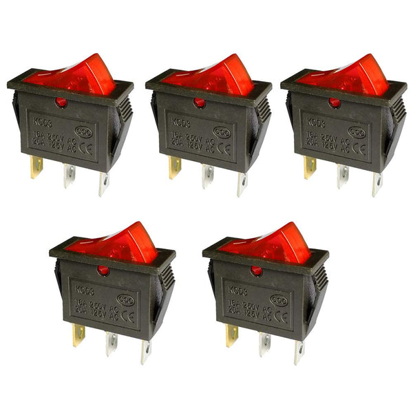 5 Pcs AC 16A/250V 20A/125V 3 Pin Switch, 2 Position Red Light On Off SPST Boat AC Rocker Switch KCD3