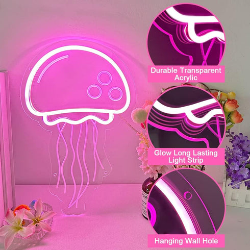Dimmable Jellyfish Neon Sign for Bedroom Decor, Handmade Jelly fish Neon Signs for Wall Decor, Pink LED Seajelly Neon