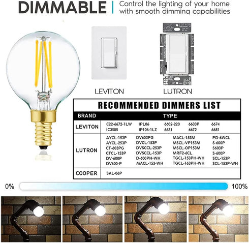 XININSUN G16.5 LED Bulb, E12 40W Candelabra, Dimmable, 4000K Daylight White, 400LM, 4W, 6 Pack