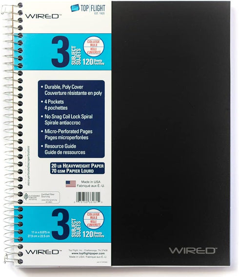 Top Flight Wired 3-Subject Wirebound Notebook with 4 Pockets, 120 Sheets, College Rule, 11 x 8.875 Inches, 1 Notebook, Cover May Vary (33181)