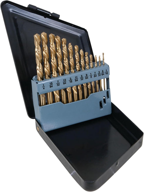 Performance Tool W9011 | 13pc Left Hand Drill Bit Set with Titanium Nitride Coating SAE (1/16-Inch - 1/4-Inch)