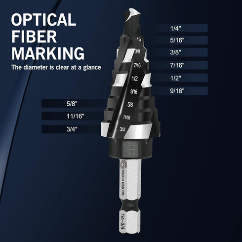 M35 Four Spiral Flute Cobalt Step Drill Bit, 1/4"-3/4" Wear-Resistant TiAlN Coated for Metal, Wood, Plastic