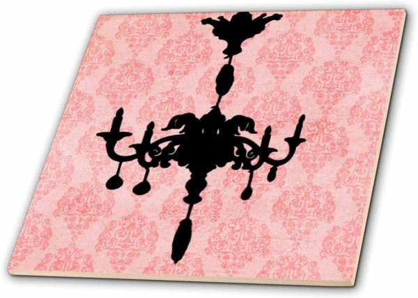 3dRose Black Chandelier Against A Pink Damask Background 8 Inch Ceramic Tile