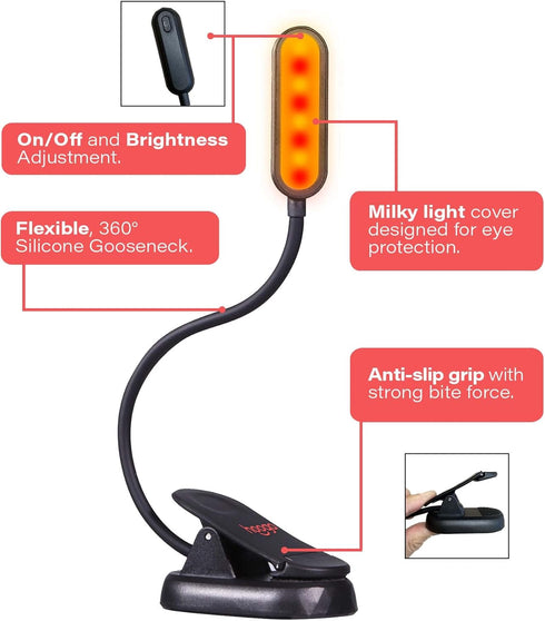 Dimming, 1600K 625nm hooga Amber Book Light Blue Light Blocking Reading Light for Bed, Stepless Rechargeable Clip-On
