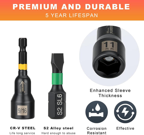 41 Set, 1/4" AEROFORCE PCS Magnetic Nut Driver Impact Drill Driver Bit Hex Shank, SAE & Metric Cr-V Steel Power Nut
