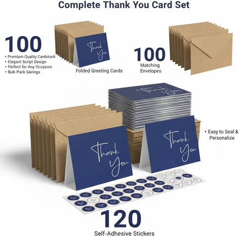 XXINMOH 100 Pack Set 4x6 inch Set Thank You Cards With Envelopes Bulk & Stickers - Blank Thank You Notes Bulk Box