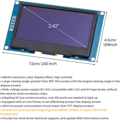 Hosyond 2.42 inches 128x64 I2C SSD1309 R3 ESP32 IIC OLED Display Module Driver OLED Screen Module for Arduino (White)